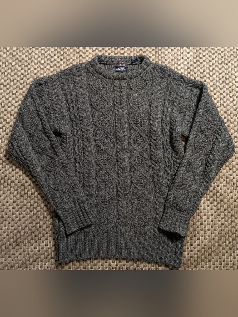 Vintage Allen Solly 100% Pure Wool Cable Knit Gray Fisherman's Sweater Small